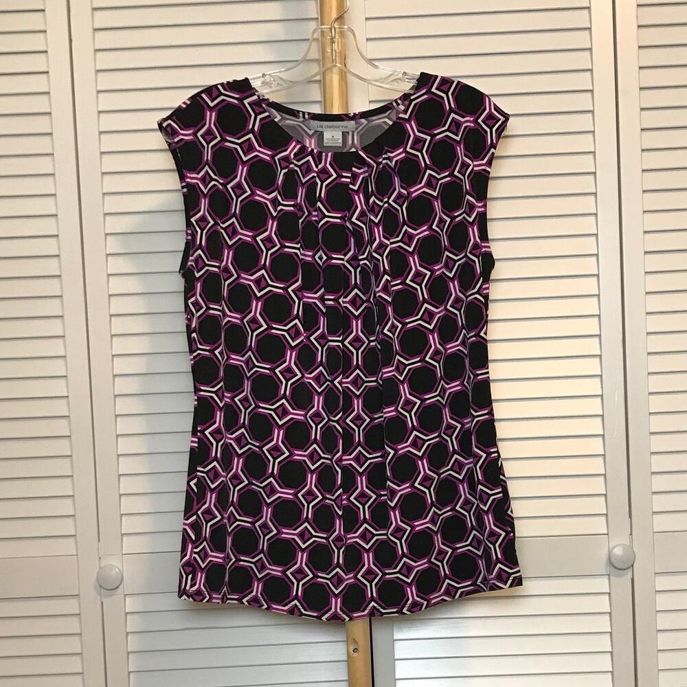 Liz Caliborne Geometric Pleated Round Neck Sleeveless Stretch Blouse M